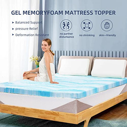  2 Inch Cooling Gel Memory Foam Mattress Topper In A Box, Medium Firm Mattress Topper For Pressure Relief & Temperature Regulation,CertiPUR-US Certified, Blue&White (Twin)
