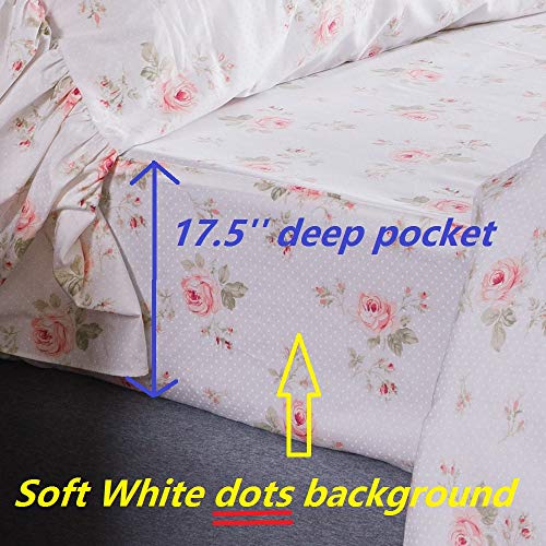  Ueen's House Shabby Floral Bed Sheet Set 4-Piece Queen Size French Country Ruffle Bed Sets