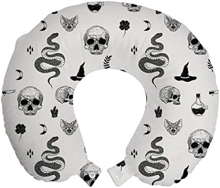  Paw Print Travel Pillow Neck Rest, Puppy Kitten Dog And Cat Themed Repetitive Pet Foot's Stains Concept, Memory Foam Traveling Accessory For Airplane And Car, 12", Grey White