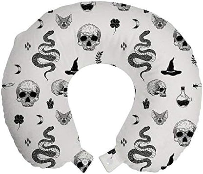  Paw Print Travel Pillow Neck Rest, Puppy Kitten Dog And Cat Themed Repetitive Pet Foot's Stains Concept, Memory Foam Traveling Accessory For Airplane And Car, 12", Grey White