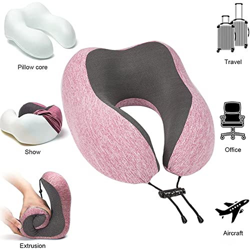 Levcoecam Travel Neck Pillow,Memory Foam Neck Pillow,Comfortable & Breathable Cover, Portable Airplane Travel Kit With 3D Contoured Eye Masks, Earplugs, And Luxury Bag (Pink)