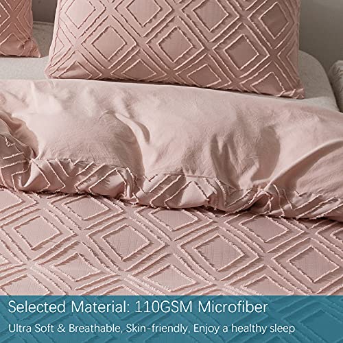  Jacquard & Tufted Pink Duvet Cover Queen Size Bedding Set, Soft, All Seasons, With Double-end Sliders Zipper Closure, 8 Ties, 3 Pieces (2 Pillowcase, 1 Duvet Cover), Q Pink