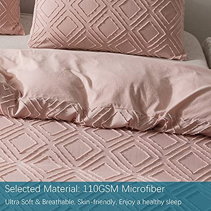 Jacquard & Tufted Pink Duvet Cover Queen Size Bedding Set, Soft, All Seasons, With Double-end Sliders Zipper Closure, 8 Ties, 3 Pieces (2 Pillowcase, 1 Duvet Cover), Q Pink