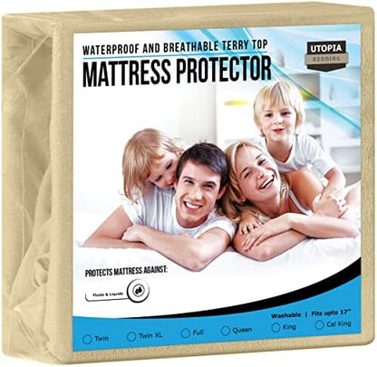  Premium Waterproof Terry Mattress Protector Twin 200 GSM, Mattress Cover, Breathable, Fitted Style With Stretchable Pockets (White)