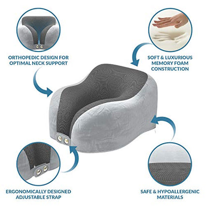  MODVEL Travel Pillow Pure Memory Foam | Neck Cushion For Airplane And Car Trips | Comfortable And Soft | Compact And Easy To Carry | With 3D Contoured Eye Masks, Earplugs, And Luxury Bag (MV-860)