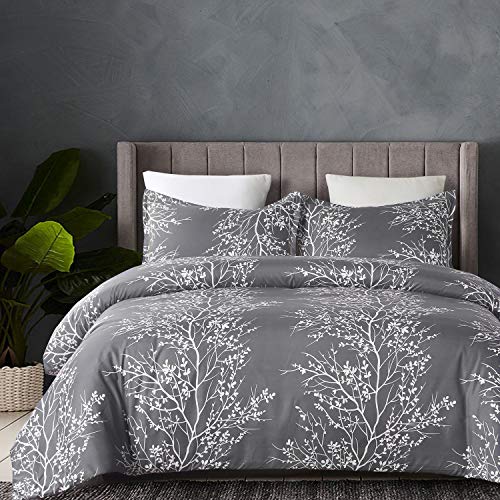  Lightweight Microfiber Duvet Cover Set, Grey And White Floral Branches Printed Pattern - King Size 3-Piece Set (1 Duvet Cover 2 Pillowcases)