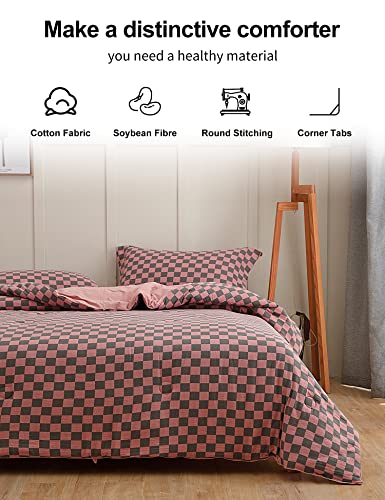  LLanCL King Bed Comforter Set,Down Alternative All Season Reversible Comforter-Quilted Duvet Insert With Corner Tabs-Round Stitched-Breathable, Soft, Fluffy(Pink/Grey Checked, 3pcs)