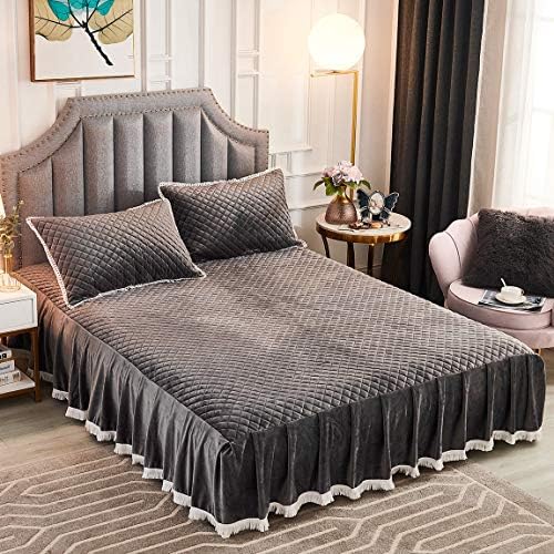  Diamond Quilted Velvet Bedspread Three Sides 18 Inches Deep Ruffles Drop Fitted Sheet Bed Skirt With Tassels Decorative Fringe (White, King)