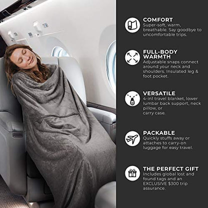  Premium Lightweight Wearable Super Soft Travel Blanket With Neck Snaps, Cozy Footpockets And Zipper Pouch, Compact Airplane With Luggage Strap Travel Blanket And Pillow Set