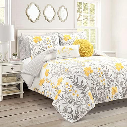  Lush Decor Yellow Aprile Reversible Quilt 3 Piece Floral Leaf Design Bedding Set, King, Blue & Gray