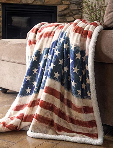  Wrangler Stars & Stripes USA American Flag Sherpa Fleece 54x68 Throw Blanket, 54" X 68", White