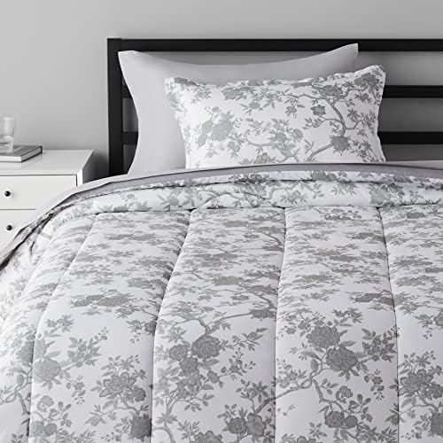 Amazon Basics 8-Piece Ultra-Soft Microfiber Bed-In-A-Bag Comforter Bedding Set - Full/Queen, Grey Chinoiserie