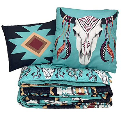  Western Peak 5 Piece Bull Skull Native Tribal Feather Artisan Southwestern Boho Design Quilt Bedding Set With Shams And Decorative Pillows (Black Teal, Queen)