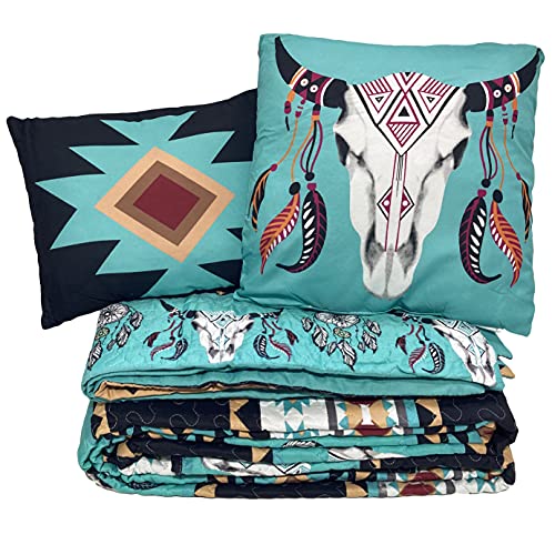  Western Peak 5 Piece Bull Skull Native Tribal Feather Artisan Southwestern Boho Design Quilt Bedding Set With Shams And Decorative Pillows (Black Teal, Queen)