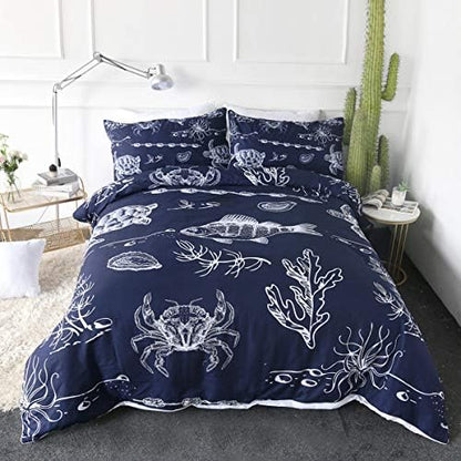  Honu Sea Turtle Bedding White Indigo Hawaiian Duvet Cover Turtles Bed Set Beach Theme Bed Spread For Summer (Queen)