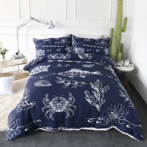  Honu Sea Turtle Bedding White Indigo Hawaiian Duvet Cover Turtles Bed Set Beach Theme Bed Spread For Summer (Queen)