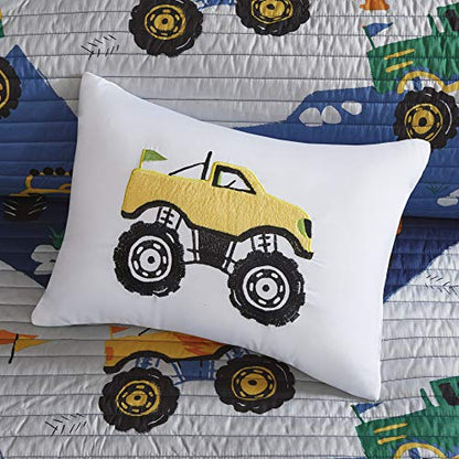  Mi Zone Kids Nash Reversible Quilt Set, Vibrant Fun Design, Lightweight All Season Children Bedding, Coverlet Bedspread, Boys Bedroom Décor, Full/Queen, Big Wheel Monster Trucks 4 Piece