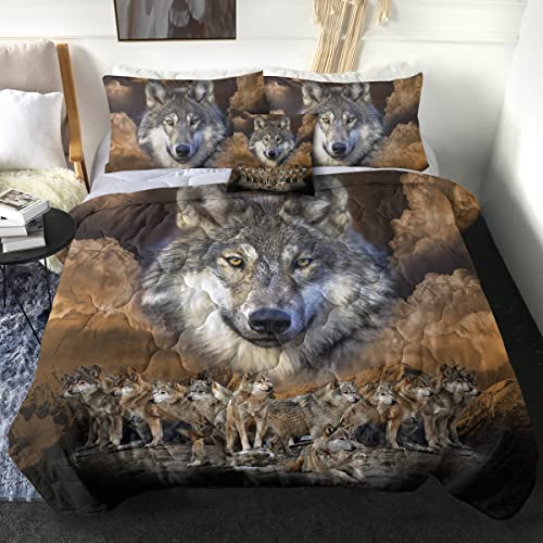  Sleepwish Gold Wolf Comforter Indian Wolf King Size Bed Set 3D Wolves Quilt Set 4 Piece Native American Wolf Bedding Sets With Comforter, Pillow Shams, Cushion Cover (King)