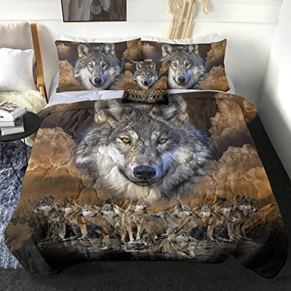  Sleepwish Gold Wolf Comforter Indian Wolf King Size Bed Set 3D Wolves Quilt Set 4 Piece Native American Wolf Bedding Sets With Comforter, Pillow Shams, Cushion Cover (King)