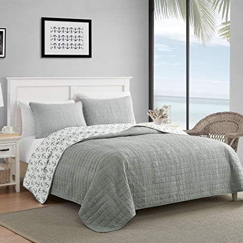  Luxury All Season Ultra Soft Enzyme Washed Reversible 1-Piece Quilt Coastal Pattern Crinkle Coverlet Bedspread, Full/Queen, Navy Blue Palm Leaves