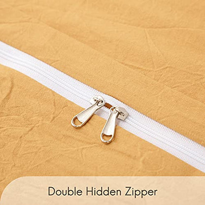  Straw Yellow 100% Washed Cotton Queen Duvet Cover Set, 3 Pieces 1 Comforter Cover And 2 Pillowcases, Ultra Soft And Breathable Solid Color Bedding Set With Zipper Closure