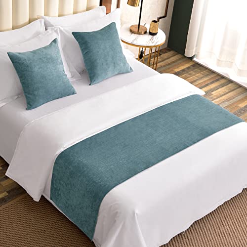  AMBERIS Bed Runner Blue, Chenille Soft No Fading Modern Bed Scarf