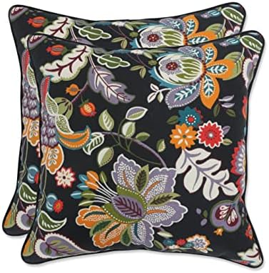  Pillow Perfect Floral Outdoor Throw Accent Pillow, Plush Fill, Weather, And Fade Resistant, Medium Square - 16.5" X 16.5", Black/Yellow Crosby, 2 Count