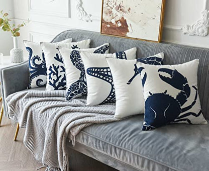  DECOPOW Embroidered Cute Nautical Animal Pillow Cover,Square 18 Inches Decorative Canvas Pillow Cover For Nautical Style Deco By (Navy-Sea Turtle)