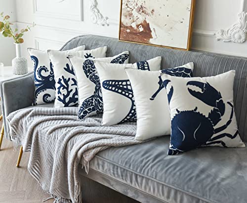  DECOPOW Embroidered Nautical Decor Pillow Cover,Square 18 Inches Decorative Canvas Pillow Cover For Nautical Style Deco By (Navy-Starfish-New)