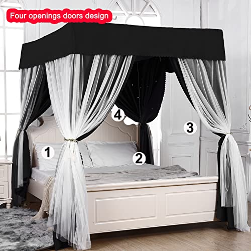 Tingxiu Romantic 4 Corner Post Blackout Bed Curtains With Sheer, Hollow-Out Stars Bed Canopy For Girls Boys Bedroom Decoration (Queen, Black-Hollow-Out Stars)