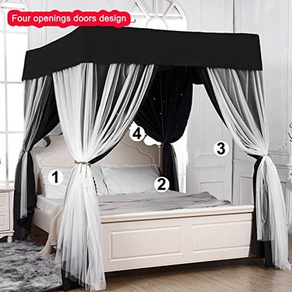  Tingxiu Romantic 4 Corner Post Blackout Bed Curtains With Sheer, Hollow-Out Stars Bed Canopy For Girls Boys Bedroom Decoration (Queen, Black-Hollow-Out Stars)