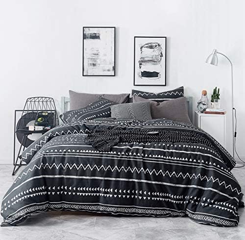  Black Geometric Duvet Cover Queen 100% Cotton Boho Aztec Duvet Cover Set 3 Piece 1 White Bohemian Duvet Cover With Zipper Ties 2 Pillow Cases Luxury Soft Aztec Geometric Bedding Set Breathable