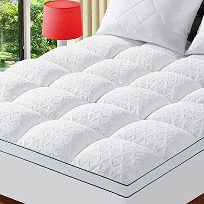  Bamboo Mattress Topper Queen Size, Cooling Breathable Extra Thick Mattress Pad Cover For Back Pain Relief Down Alternative Overfilled Plush Pillow Top With 8-21 Inch Deep Pocket