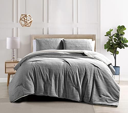  Lafayette Cobblestone Plush Sherpa Reversible 3 PC Heavyweight Comforter Set, Ultra Soft & Cozy, Full/Queen 86"X86"