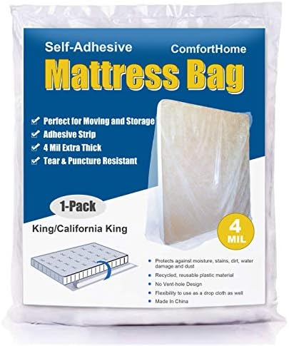  4 Mil Extra Thick Sealable Mattress Bag With Adhesive Strip For Moving And Storage, Heavy Duty, Fits King And Cal King, 1-Pack