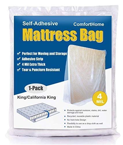  4 Mil Extra Thick Sealable Mattress Bag With Adhesive Strip For Moving And Storage, Heavy Duty, Fits King And Cal King, 1-Pack