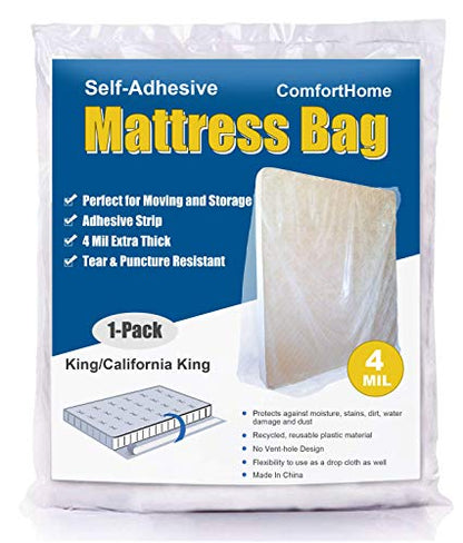 4 Mil Extra Thick Sealable Mattress Bag With Adhesive Strip For Moving And Storage, Heavy Duty, Fits King And Cal King, 1-Pack
