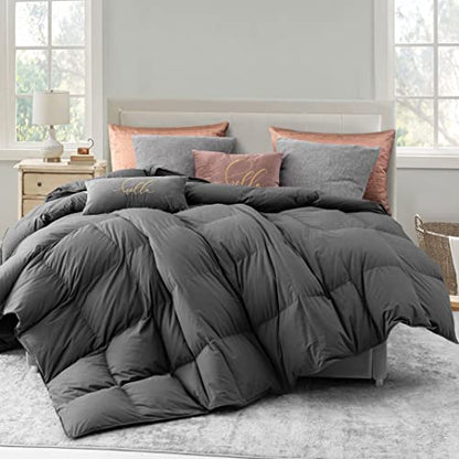  Down Comforter King Size-750 Fill Power-Fluffy Ultra Soft All Season Duvet Insert, Luxury Noiseless Fabric Reversible Colors-Lightweight 41 Ounce Fill (Gray,106”L X 90”W)