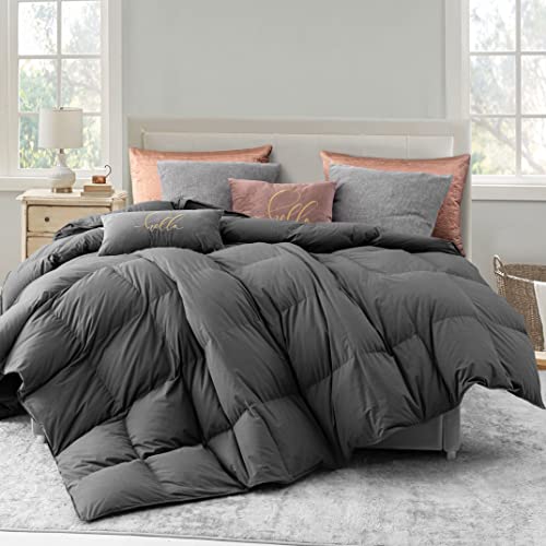  Down Comforter King Size-750 Fill Power-Fluffy Ultra Soft All Season Duvet Insert, Luxury Noiseless Fabric Reversible Colors-Lightweight 41 Ounce Fill (Gray,106”L X 90”W)
