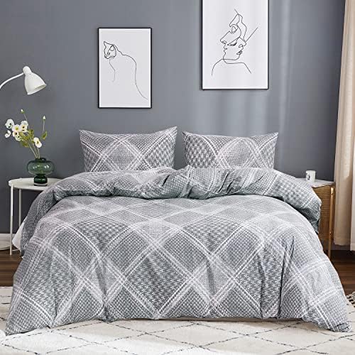  Plaid Duvet Cover 100% Cotton Gray Grid Duvet Cover Queen Size 3 Pcs Patterned Geometric Duvet Cover Set Modern Scottish Houndstooth Bedding Set Soft Breathable Comforter Cover Zipper Closure