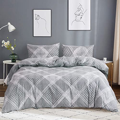  Plaid Duvet Cover 100% Cotton Gray Grid Duvet Cover Queen Size 3 Pcs Patterned Geometric Duvet Cover Set Modern Scottish Houndstooth Bedding Set Soft Breathable Comforter Cover Zipper Closure