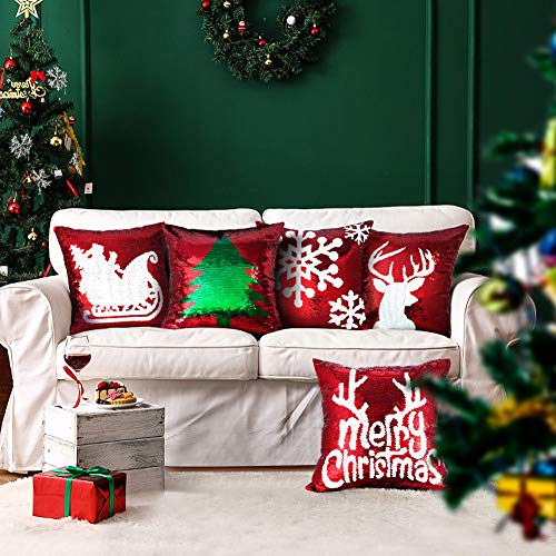  OTOSTAR Christmas Sequin Throw Pillow Covers 18x18 Inch Sparkle Decorative Pillowcases Magic Red Cushion Cover For Party Christmas Couch In-Outdoor Home Decor (Merry Christmas 5 Packs)