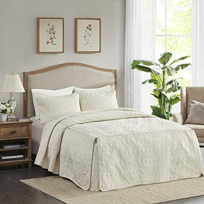  Madison Park Quebec Fitted Bedspread Classic Traditional Design All Season, Lightweight, Bedding Set, Matching Shams, Queen(60" X80+24D), Quebec, Damask Quilted Cream 3 Piece