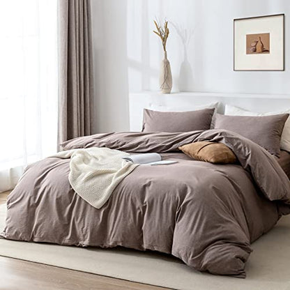 Queen Duvet Cover Set- 100% Washed Cotton 3 Pcs Soft Comfy Breathable Chic Linen Feel Bedding, 1 Duvet Cover And 2 Pillow Shams, Mauve Brown