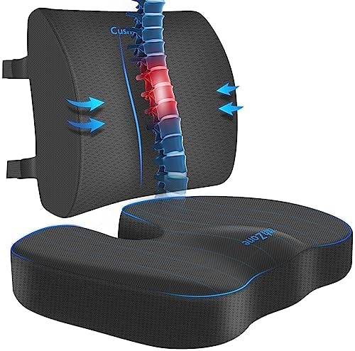 CushZone Seat Cushion, Lumbar Support Pillow With Adjustable Strap-Chair Cushions For Sciatica Pain Relief-with Washable Cover Memory Foam For Car, Travel And Wheelchair-Black