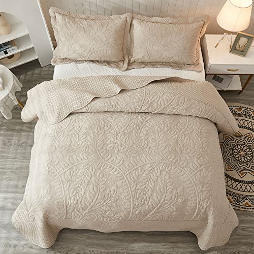  MarCielo 3-Piece 100% Cotton Oversized Bedspread Set Coverlet Set Lightweight Quilt Set Embroidery Farmhouse Bedding Set (Natural Beige, King (118"x106"))