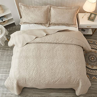  MarCielo 3-Piece 100% Cotton Oversized Bedspread Set Coverlet Set Lightweight Quilt Set Embroidery Farmhouse Bedding Set (Natural Beige, King (118"x106"))