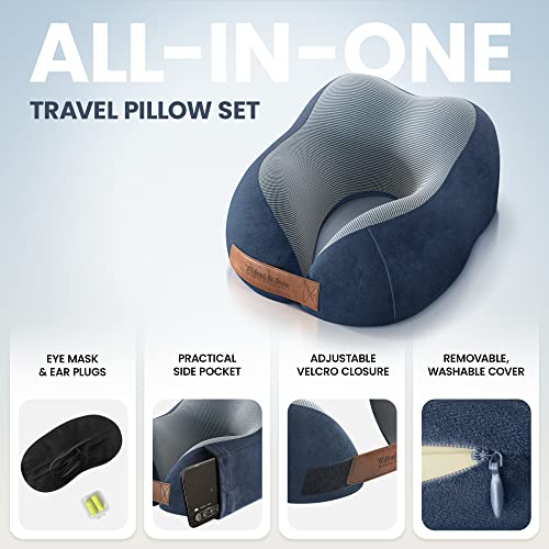  Neck Travel Pillow + Sleep Eye Mask + Ear Plugs + Bag, Soft Memory Foam, Blue Cover Washable | Journey Accessories Set: Airplane Car Bus Train Travelling Camping Gift Plane Flight Man Women Kids