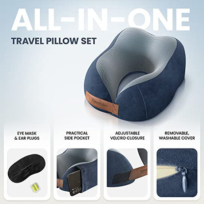  Neck Travel Pillow + Sleep Eye Mask + Ear Plugs + Bag, Soft Memory Foam, Blue Cover Washable | Journey Accessories Set: Airplane Car Bus Train Travelling Camping Gift Plane Flight Man Women Kids