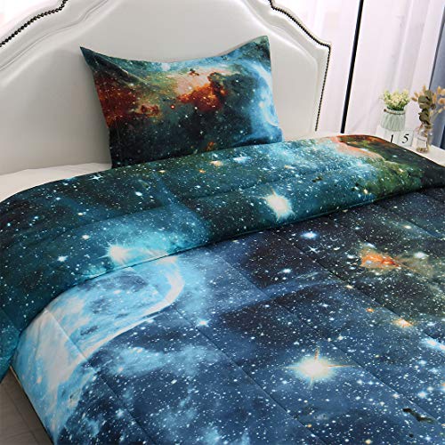  Twin Comforter Sets 2-Piece Galaxies Blue - 3D Space Themed - All-Season Down Alternative Quilted Duvet - Reversible Design - Includes 1 Comforter, 1 Pillow Case